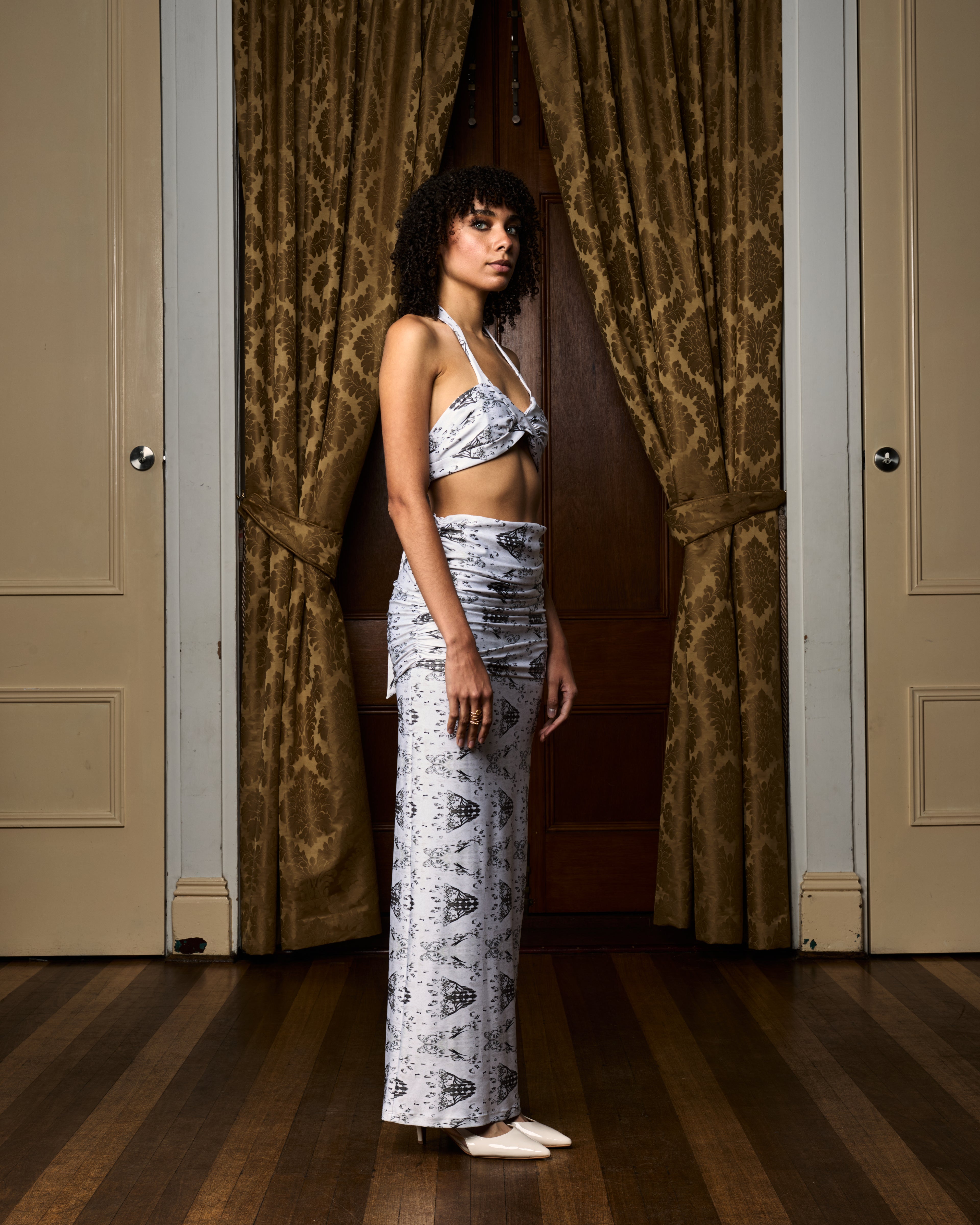 Time Print Ruched Maxi Skirt