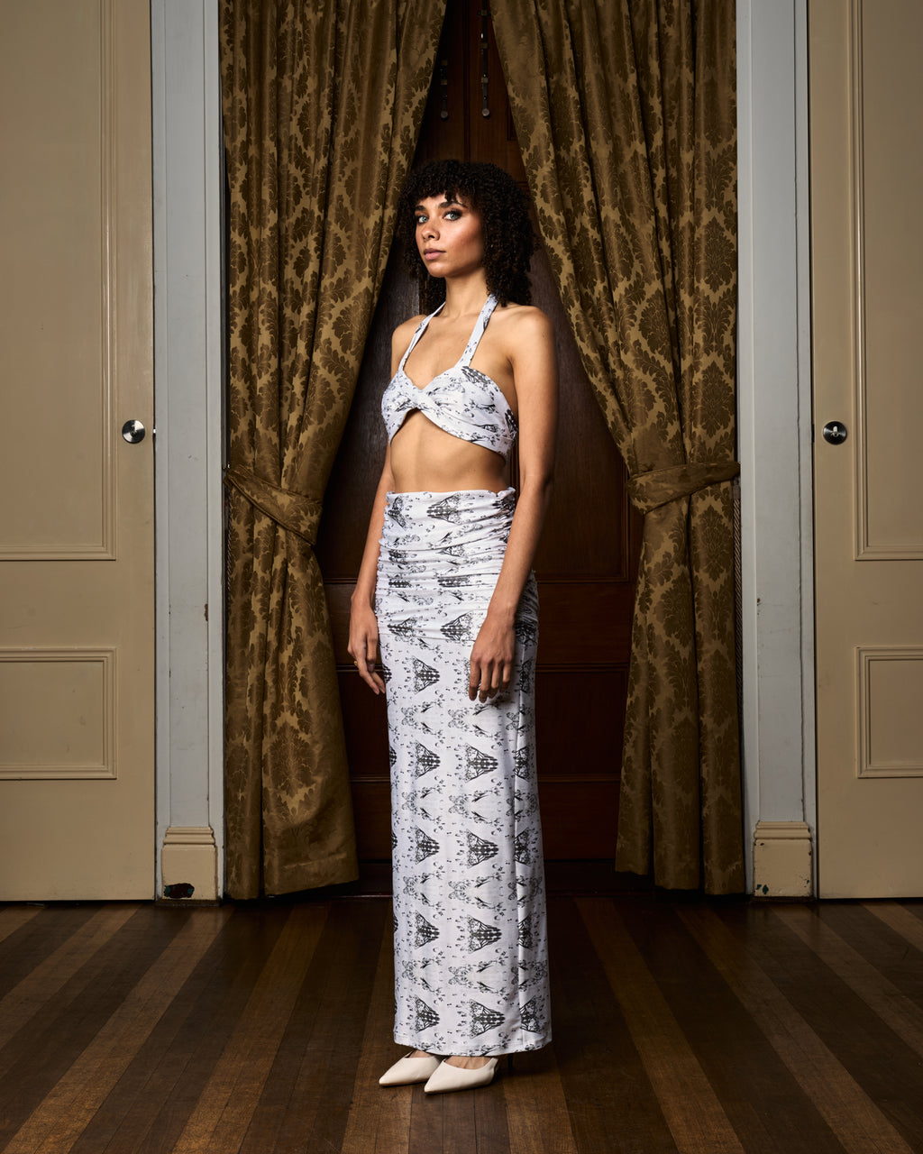 Time Print Ruched Maxi Skirt