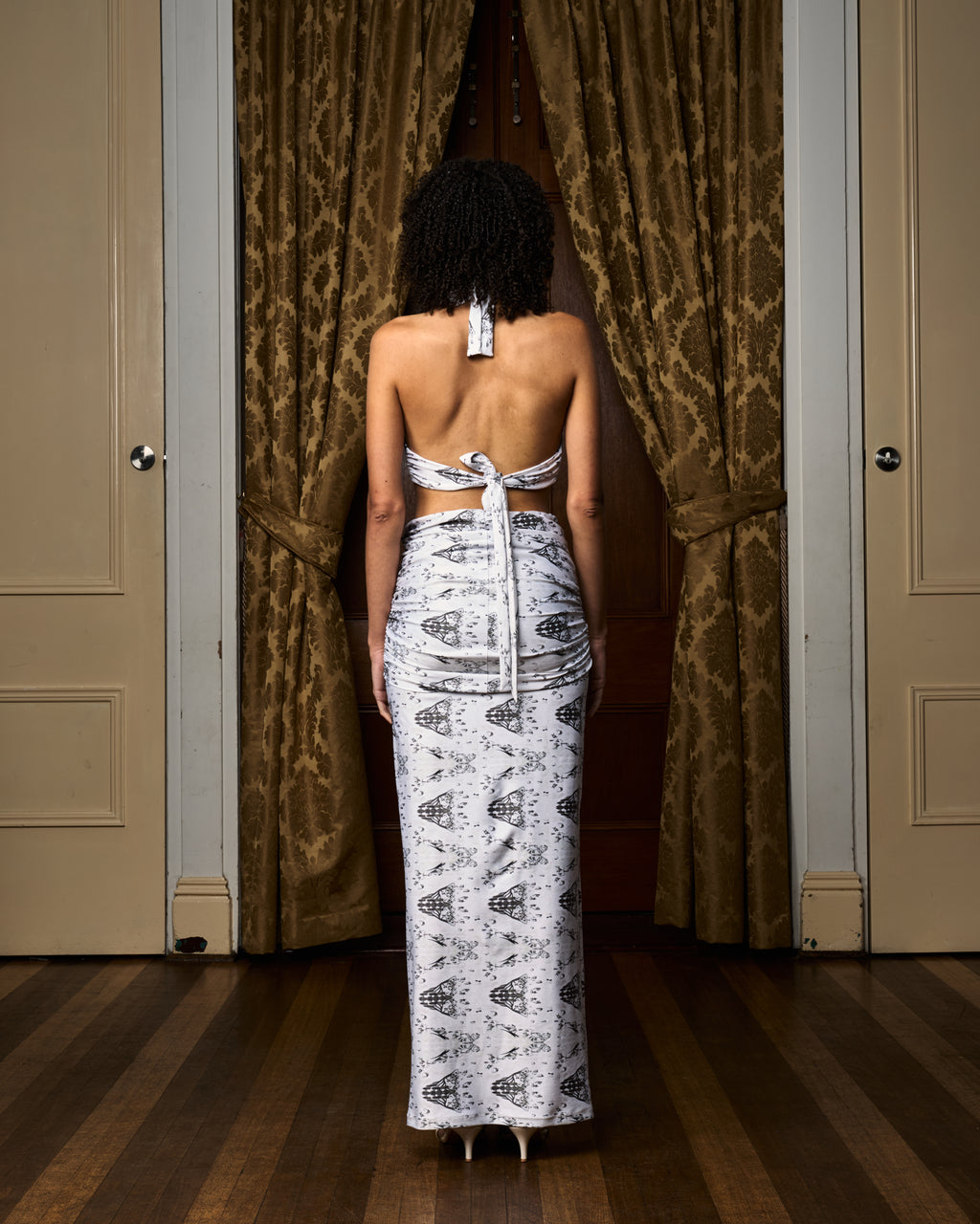 Time Print Ruched Maxi Skirt